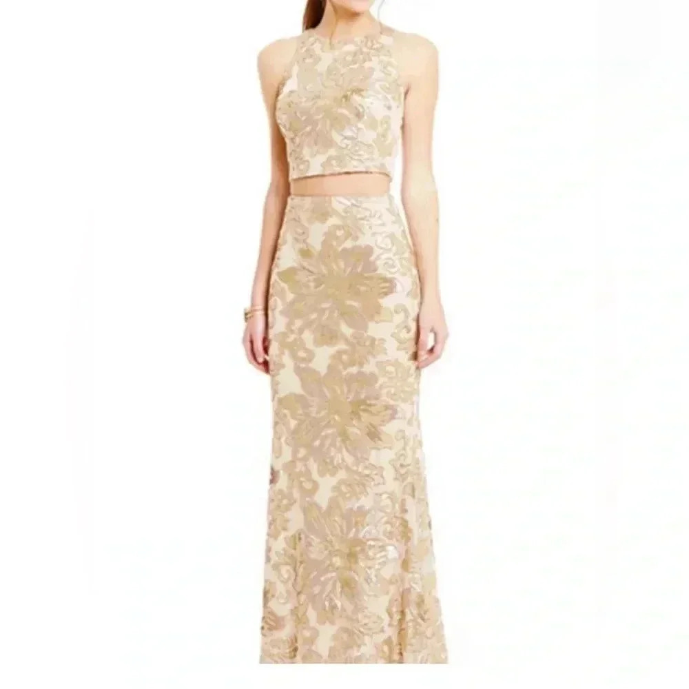 Badgley Mischka Tan and gold sequin two piece dress with crop top long skirt
